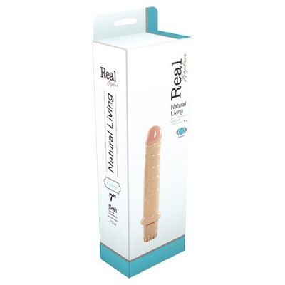 Embalagem branca e azul com vibrador cor pele realista