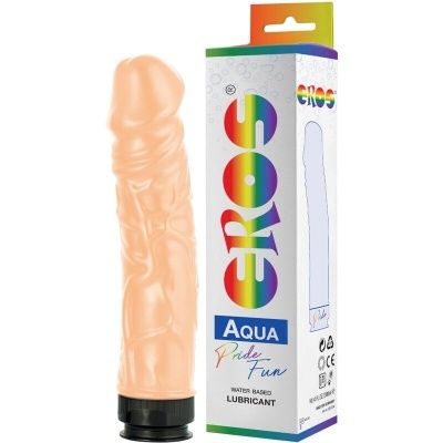 Dildo cor pele com textura e caixa EROS colorida ao lado