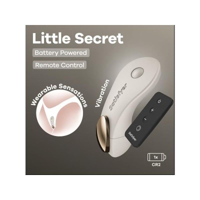 Produto Little Secret branco com controle remoto preto e texto indicativo