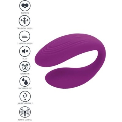 Vibrador roxo curvo com textura ondulada e ícones de funcionalidades