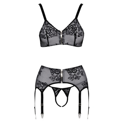 Conjunto de lingerie feminino preto em renda com fecho frontal