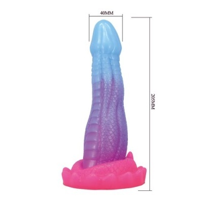 Dildo colorido em silicone azul, roxo e rosa com textura escamada e base ondulada