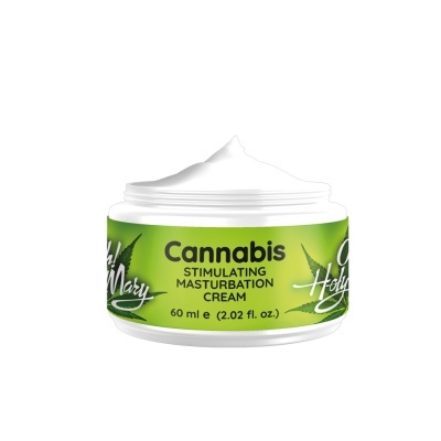 Frasco aberto de creme branco com rótulo verde de Cannabis stimulating masturbation cream
