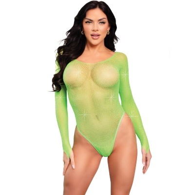 Body feminino verde neon transparente com brilho e mangas compridas