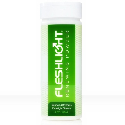 frasco de plastic branco com rótulo verde de pó para renovar