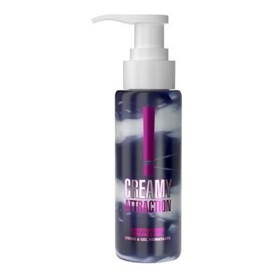 Frasco de creme e gel hidratante com tampa de bomba e rótulo roxo e branco