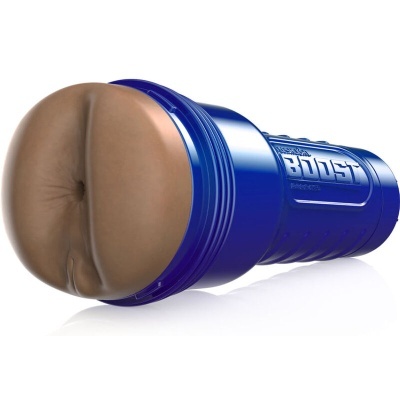 Dispositivo cilíndrico azul com entrada realista e texto Fleshlight BOOST na lateral