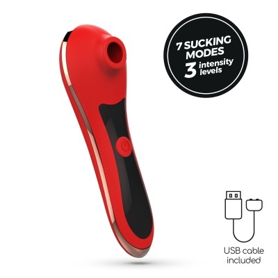 Dispositivo vermelho com botão vermelho, texto sobre modos e níveis de intensidade, e cabo USB incluído