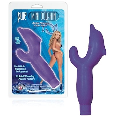 Vibrador roxo com forma de golfinho e embalagem azul com texto e imagem de mulher