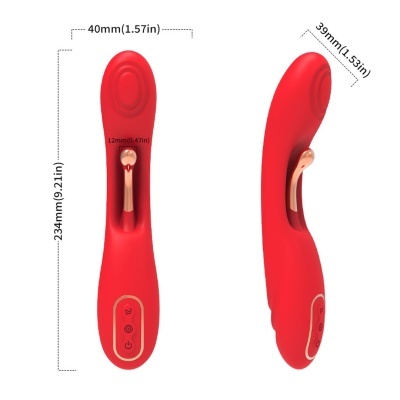 Dispositivo vermelho com botões e medição de dimensões