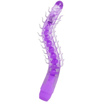 Vibrador flexível roxo com textura ondulada e saliências