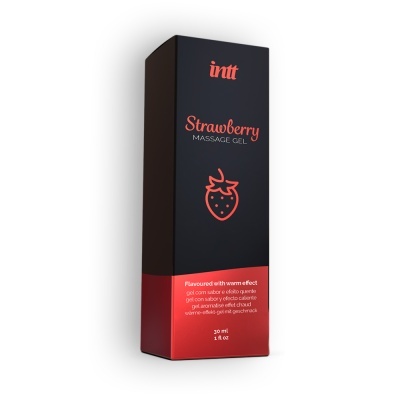 Embalagem de gel de massagem sabor morango intt preto e vermelho