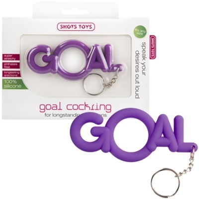 Chaveiro silicone roxo formato palavra GOAL com embalagem branca e texto informativo