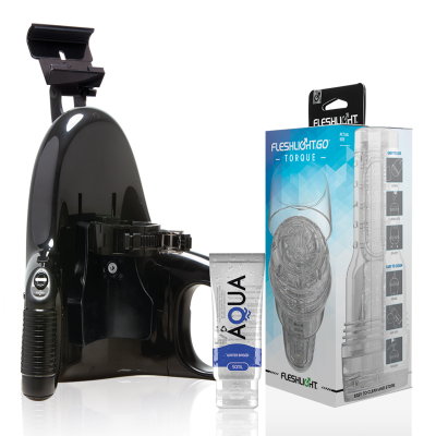 Produto adulto com suporte preto, embalagem azul e branca e tubo de gel lubrificante.