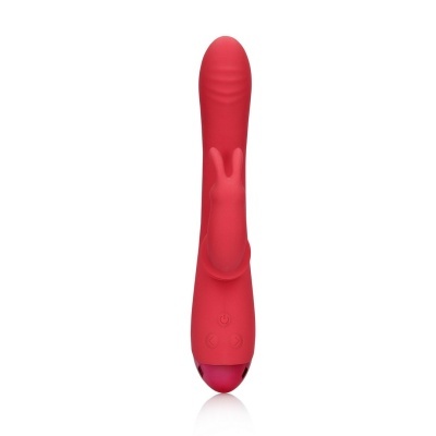 Vibrador vermelho em silicone com acessório coelho e botões de controlo