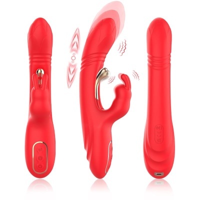 Três vibradores vermelhos de silicone com detalhes dourados em diferentes ângulos com controles e sinais de vibração