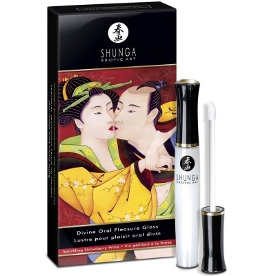 Embalagem e frasco de gloss labial SHUNGA EROTIC ART com ilustração japonesa de casal