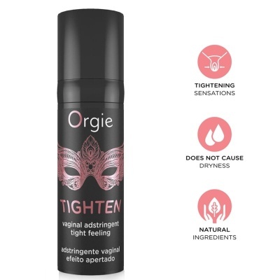 Frasco preto de produto vaginal com texto e máscara decorativa rosa e ícones ao lado