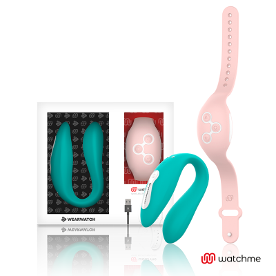 Bracelete rosa em silicone e dispositivo azul-turquesa em forma de U com cabo USB e embalagem WearWatch