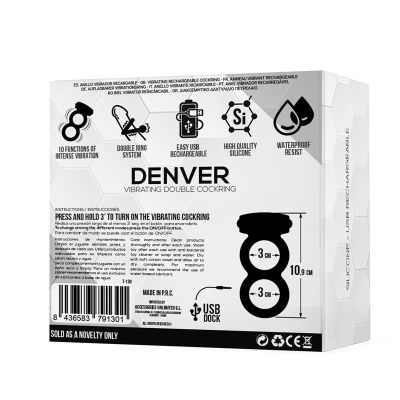 Embalagem branca de anel vibratório duplo DENVER com texto e ícones técnicos