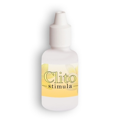 Frasco branco com rótulo amarelo com texto Clito stimula