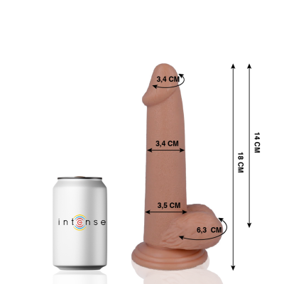 Dildo cor de pele com medidas e lata branca com texto