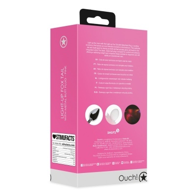 Embalagem rosa com texto e imagens do produto Light-Up Fox Tail with Metal Butt Plug