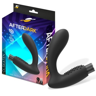 Vibrador preto curvado com textura de esferas e embalagem colorida