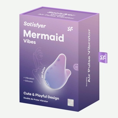 Embalagem roxa do vibrador Satisfyer Mermaid Vibes com texto e imagem do produto.