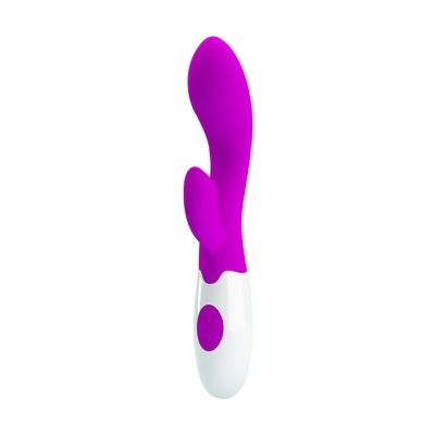 Vibrador roxo com base branca e botão, fundo branco