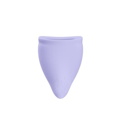 Copo menstrual lilás de silicone com textura em gotas