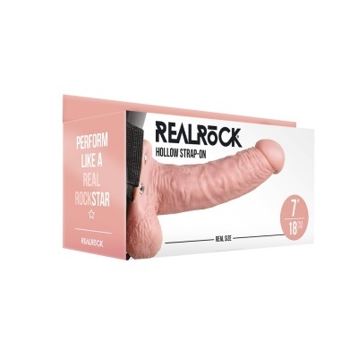 Embalagem de strap-on oco realista de cor pele com 18 cm, marca REALROCK