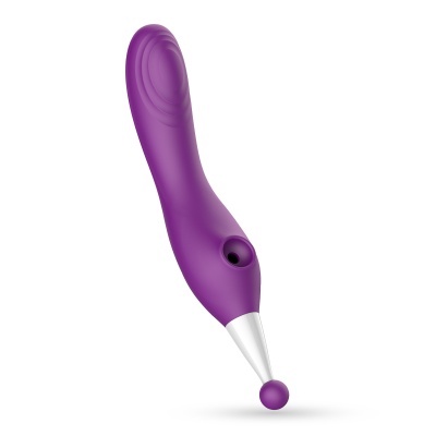 Produto roxo em silicone com detalhes brancos e esfera roxa na ponta.