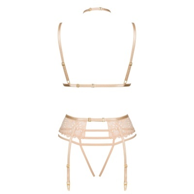 Conjunto de lingerie bege com renda e tiras ajustáveis