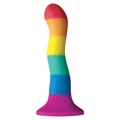 Vibrador colorido com riscas horizontais em várias cores e base larga