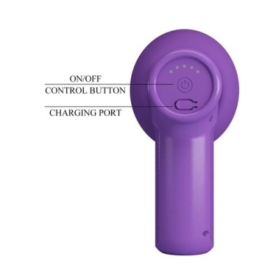 Dispositivo eletrônico roxo com botão ON/OFF e porta de carregamento
