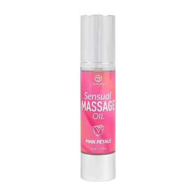 Frasco de óleo para massagem com rótulo rosa e texto branco