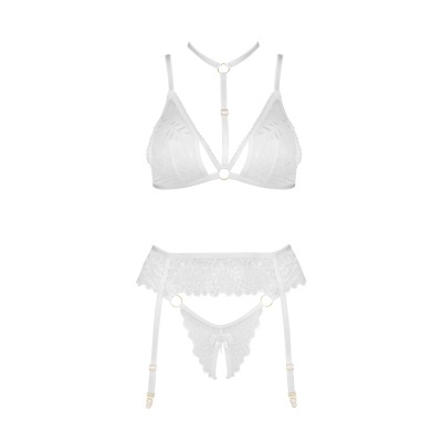 Conjunto lingerie branco em renda com sutiã triangular e cinta-liga