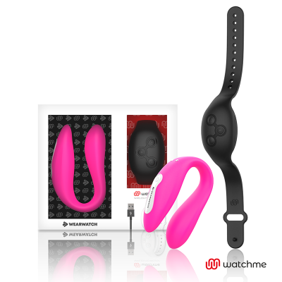 Aparelho rosa em U e comando remoto preto com cabo USB e embalagem da marca WEARWATCH watchme