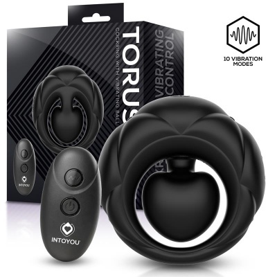 Anel vibratório preto com controlo remoto e embalagem