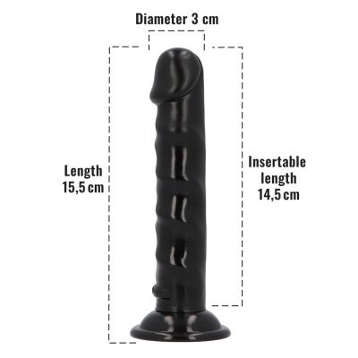 Dildo preto com dimensões indicadas e ventosa na base