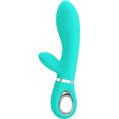 Vibrador turquesa de silicone com anel prateado na base