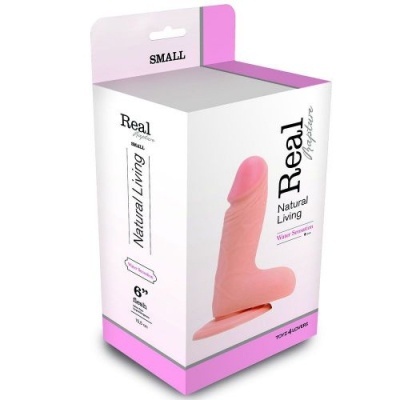 Caixa de dildo pequeno cor de pele com base de ventosa e texto informativo.