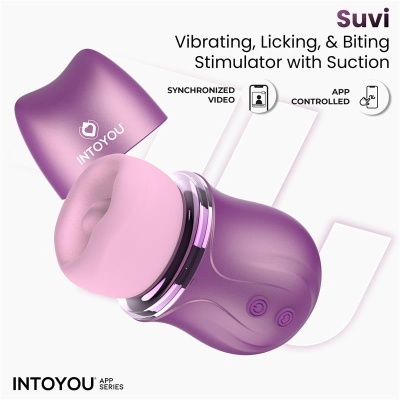Estimulador vibratório roxo com parte macia rosa, tampa com logótipo INTOYOU