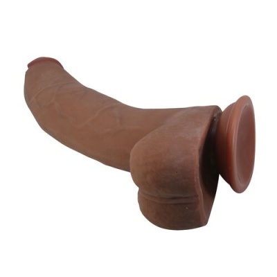 Prótese ou brinquedo sexual castanho com textura veias e base circular