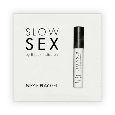 Pacote branco com texto SLOW SEX NIPPLE PLAY GEL e imagem do tubo do produto