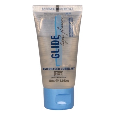 Frasco transparente com tampa azul e texto azul e preto de lubrificante à base de água