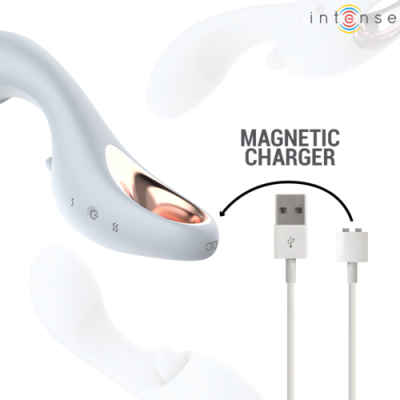 Dispositivo branco com cabo USB magnético e texto MAGNETIC CHARGER