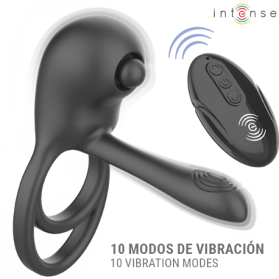 Anel vibratório preto com controle remoto e texto de modos de vibração