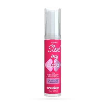 Garrafa cilíndrica com rótulo rosa e texto branco e azul